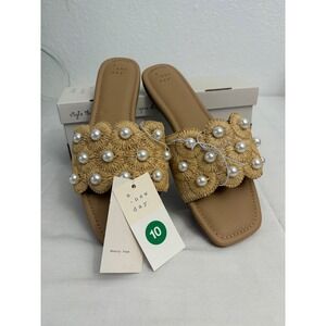 A New Day Delaney Women's Tan Pearl Embellished Raffia Slide Sandals Size 10